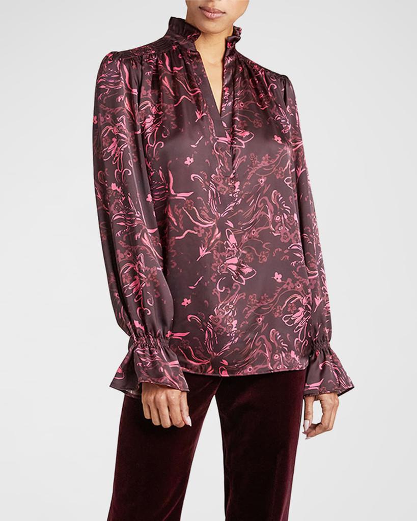 Santorelli Chelsea Floral-Print Blouson-Sleeve Blouse