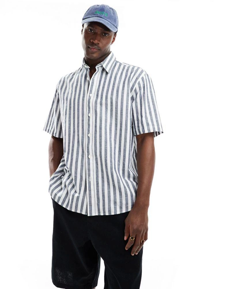 Selected Homme Selected Homme oversized linen mix shirt in navy stripe 1