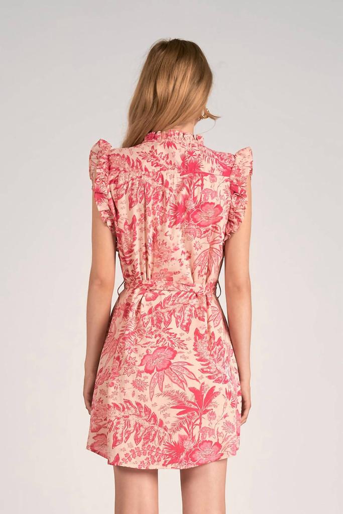 Elan Ruffle Sleeves Mini Dress In Pink Leafy