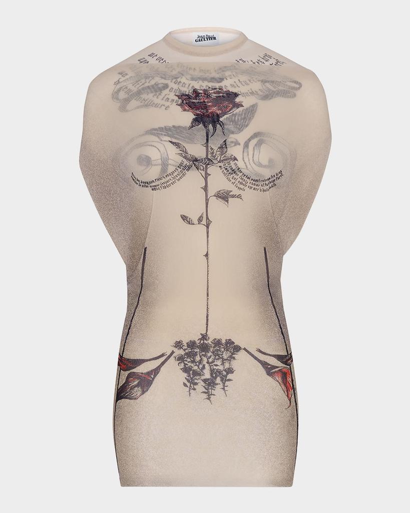 Jean Paul Gaultier Tattoo Rose And Bird Print Layered Mesh Mini Dress