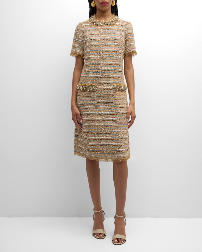 Rickie Freeman for Teri Jon Beaded Fringe-Trim Tweed Midi Dress