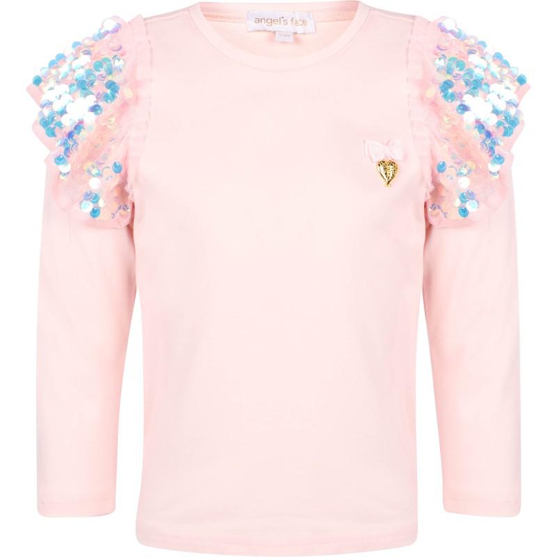 Angel's Face Sequin ruffled long sleeves shirt and tiered tulle skirt set in pink