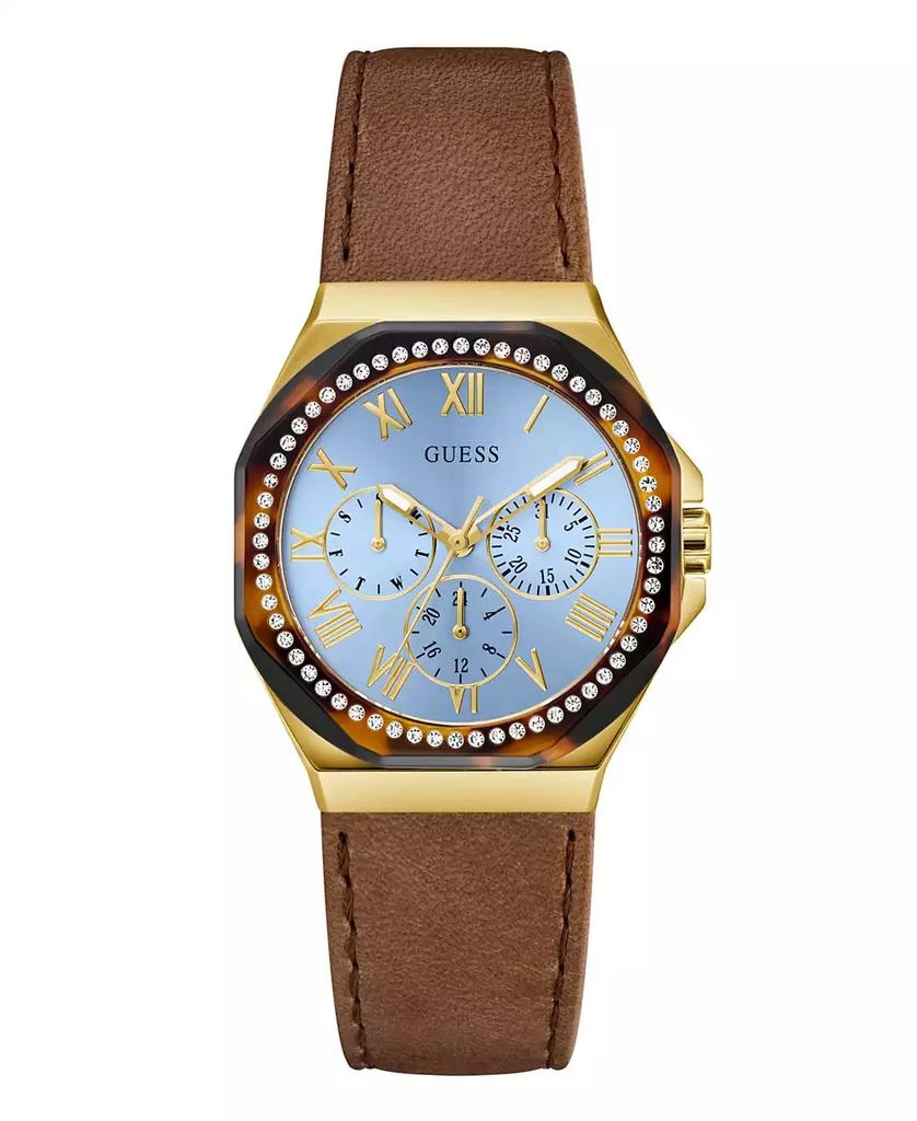GUESS Women's Gold-Tone Brown Leather Multi-Function Watch, 36mm 1
