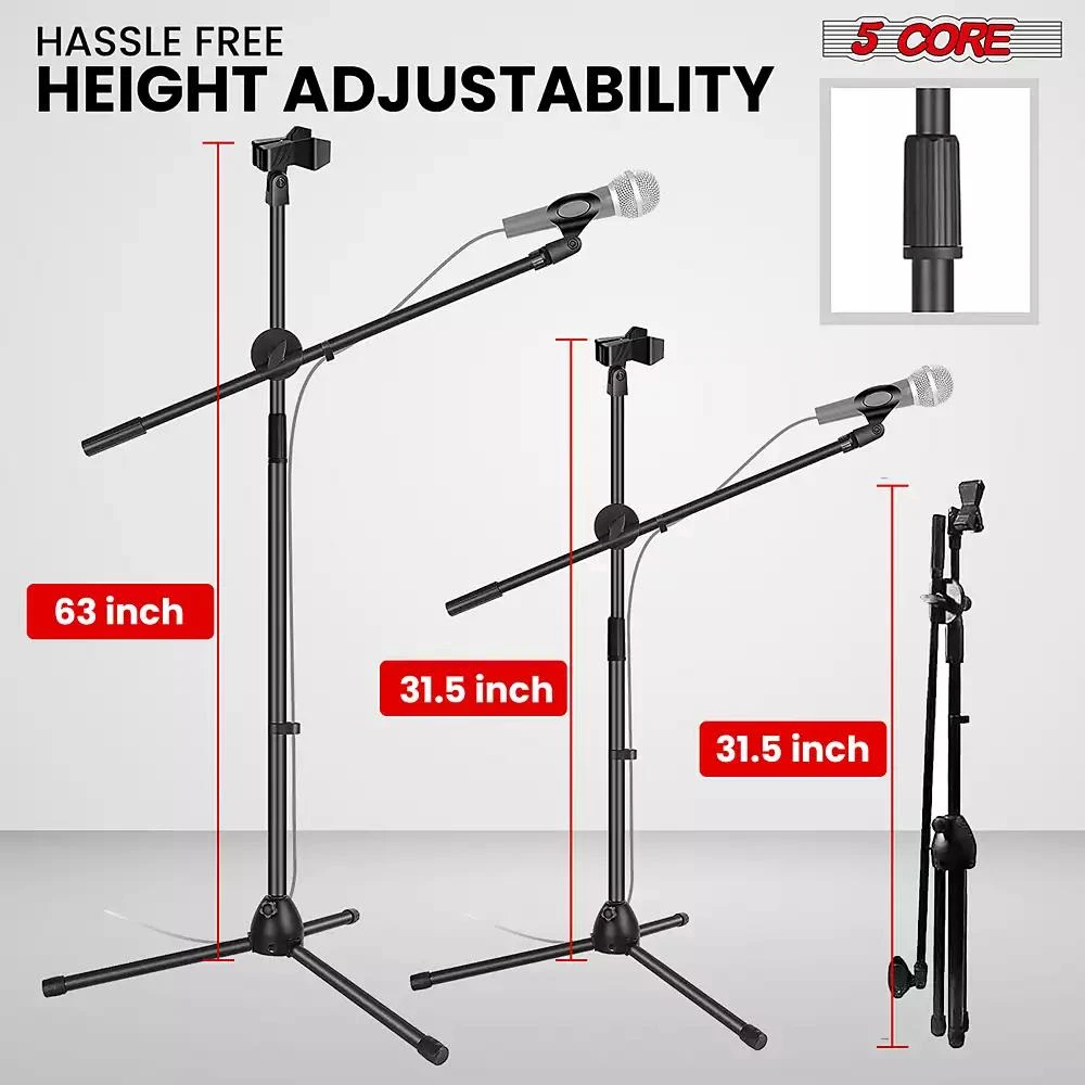 5 Core Mic Stand Floor Height Adjustable Tripod Microphone Stands w Extending Telescoping Boom Arm - MS DBL 2