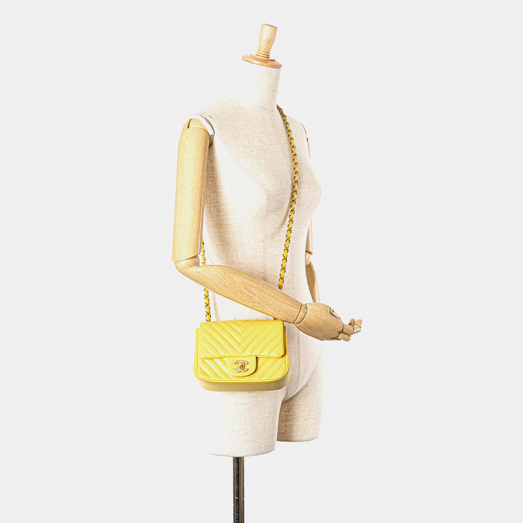 Chanel Chanel Yellow Mini Square Classic Chevron Lambskin Single Flap Bag