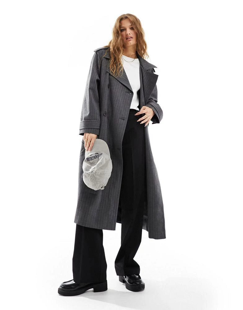 ASOS ASOS DESIGN Petite oversized pinstripe trench coat in grey 1