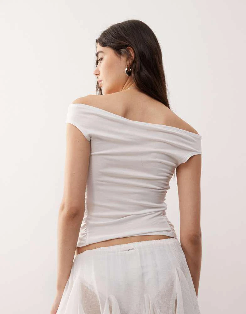 Weekday Weekday off shoulder bardot top with ruched side detail in white 3