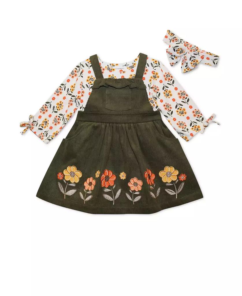 Blueberi Boulevard Baby Girls Floral Top, Headband and Floral Border Ribbed Jumper Set