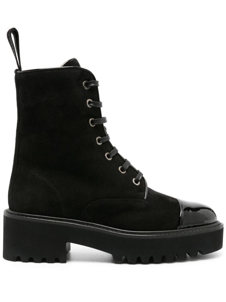 Aquazzura BLACK SUEDE LACE-UP BOOTS BY AQUAZZURA, DESERT MODEL.
PATENT LEATHER DETAILS.
NOTCHED SOLE. 
HEIGHT: 5 CM 
MADE IN ITALY