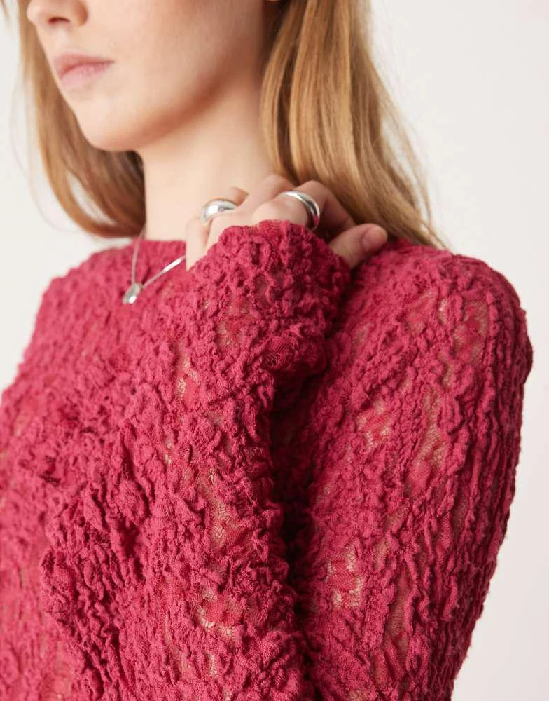 ASOS AS0S DESIGN slash neck sheer lace angel sleeve top in raspberry 2