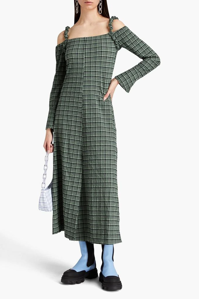 Ganni Cold-shoulder checked seersucker midi dress 2