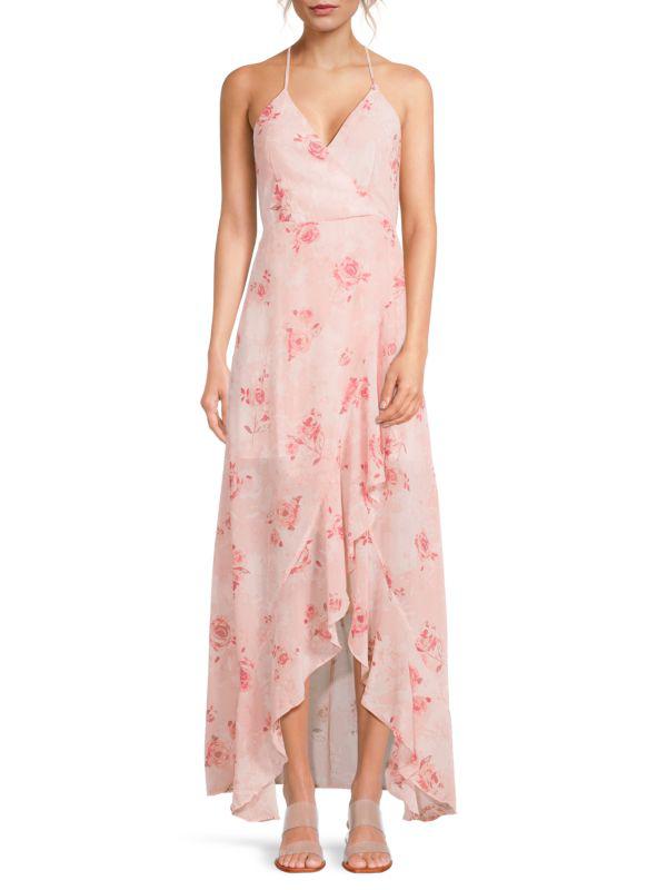 Lea & Viola Long Flowy ​Floral Ruffle High-Low Gown