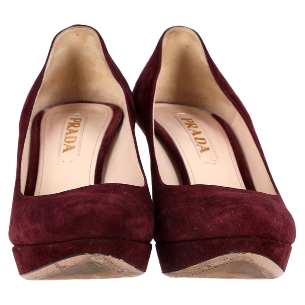 Prada Platform Heel Pumps in Burgundy Suede