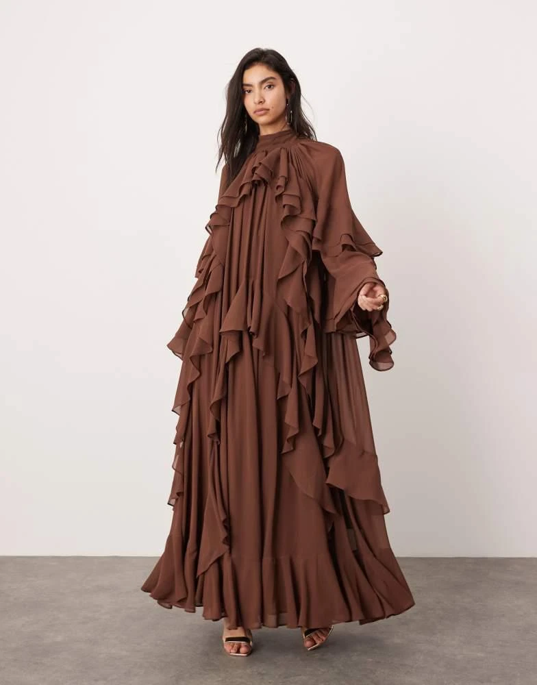 ASOS ASOS EDITION chiffon high neck ultimate ruffle maxi dress in chocolate 1