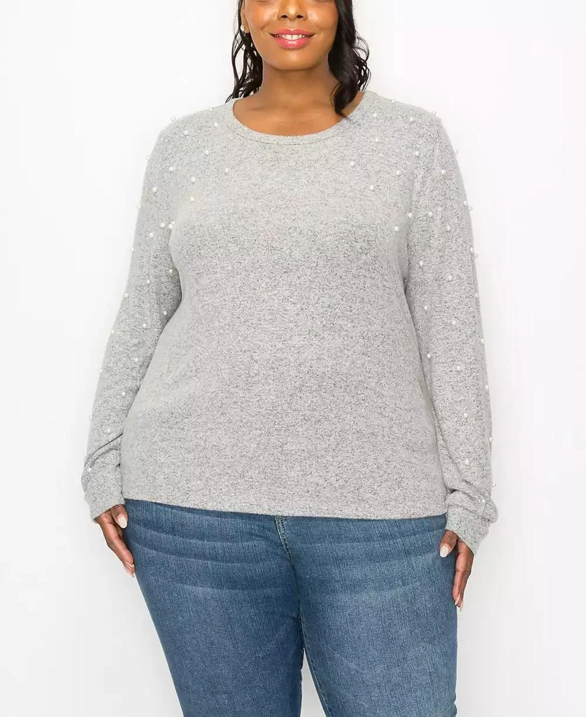 COIN 1804 Plus Size Long Sleeve Pullover Top with Imitation Pearls 1