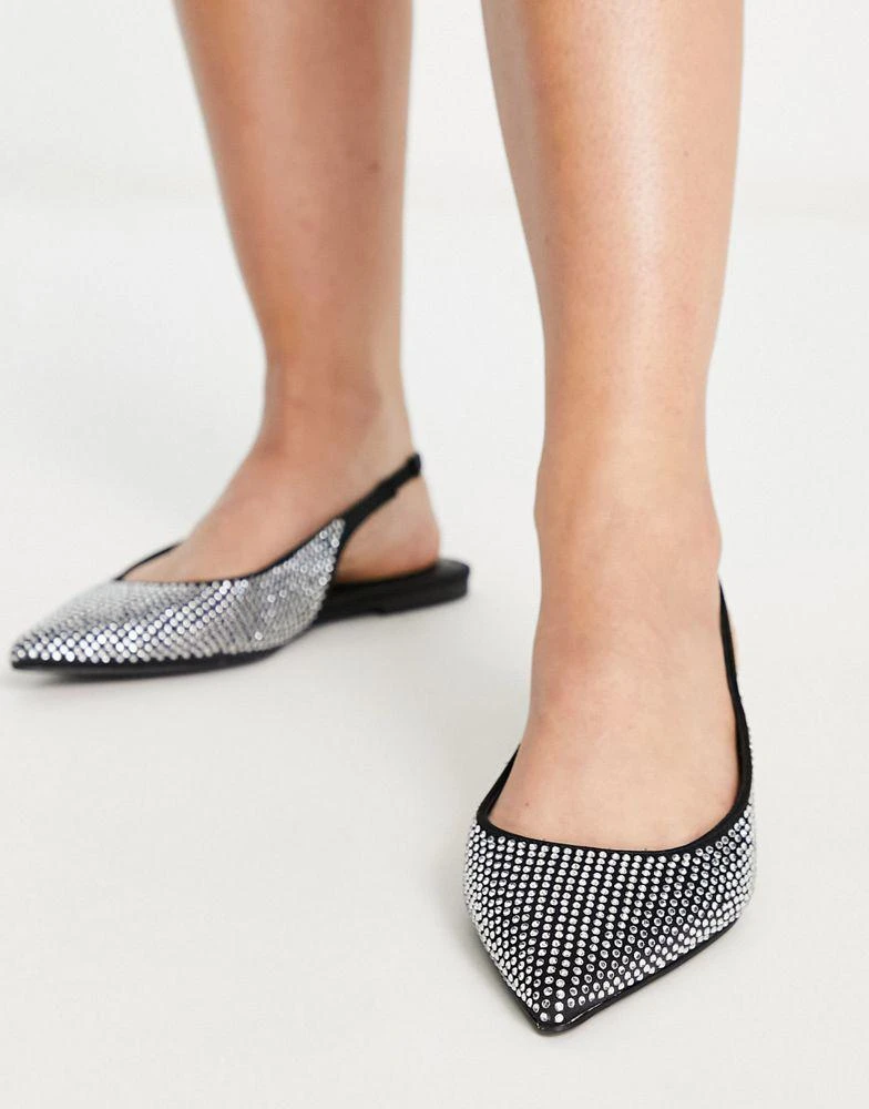 ASOS ASOS DESIGN Wide Fit Lala pointed slingback flats in black/silver diamante 4