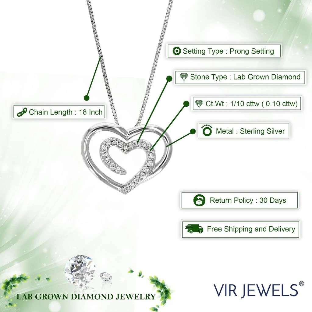 Vir Jewels 1/10 cttw Lab Grown Diamond Double Heart Pendant Necklace .925 Sterling Silver 1/2 Inch with 18 Inch Chain 3