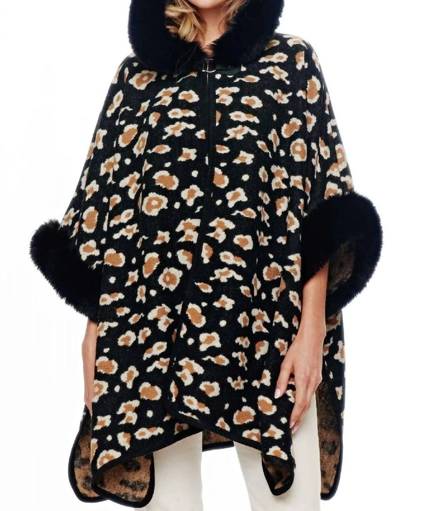 Pine Apparel Leopard Faux Fur Hoodie Cape In Black