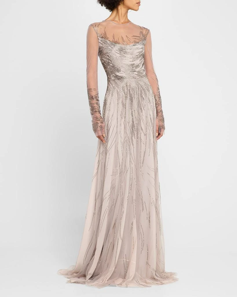 Naeem Khan Abstract Beaded Long-Sleeve Illusion Gown 4