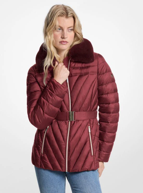 Michael Kors Faux Fur Trim Packable Nylon Puffer Jacket