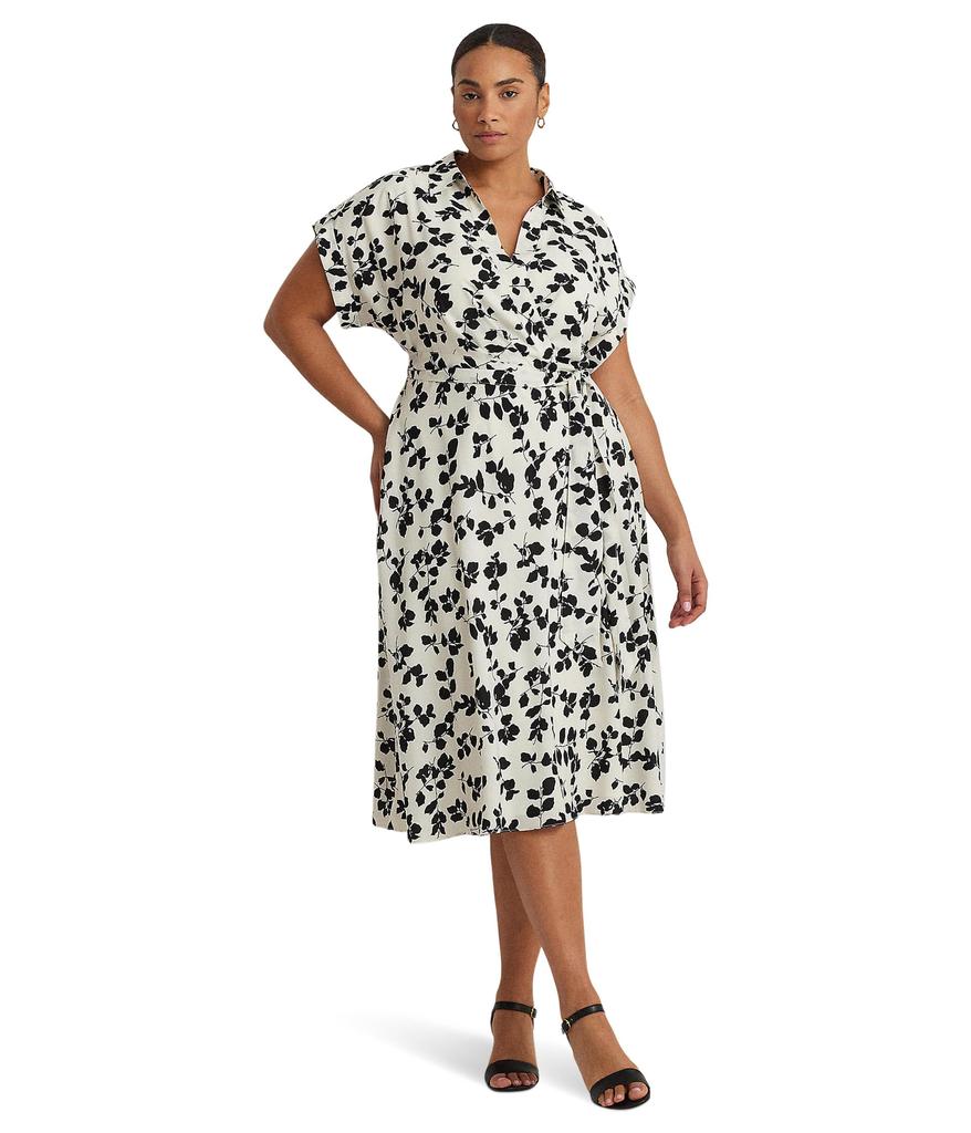 LAUREN Ralph Lauren Plus-Size Leaf-Print Belted Crepe Dress