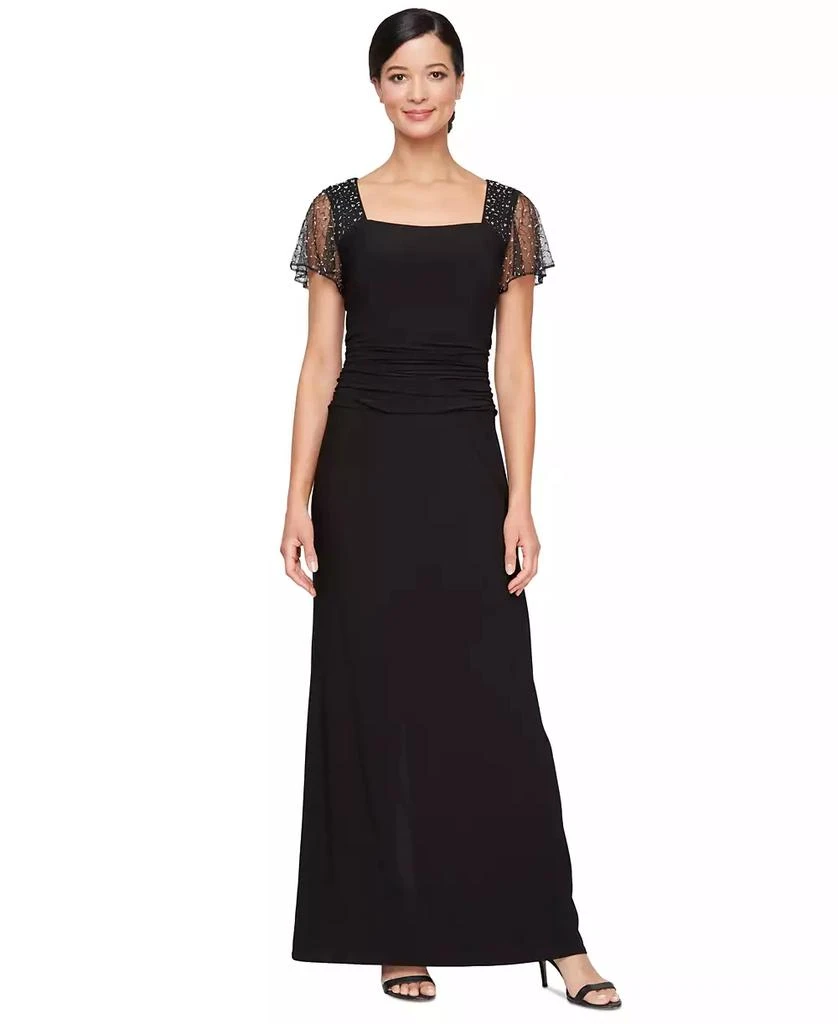 SL Fashions Petite Beaded Flutter-Sleeve Ruched Gown 1