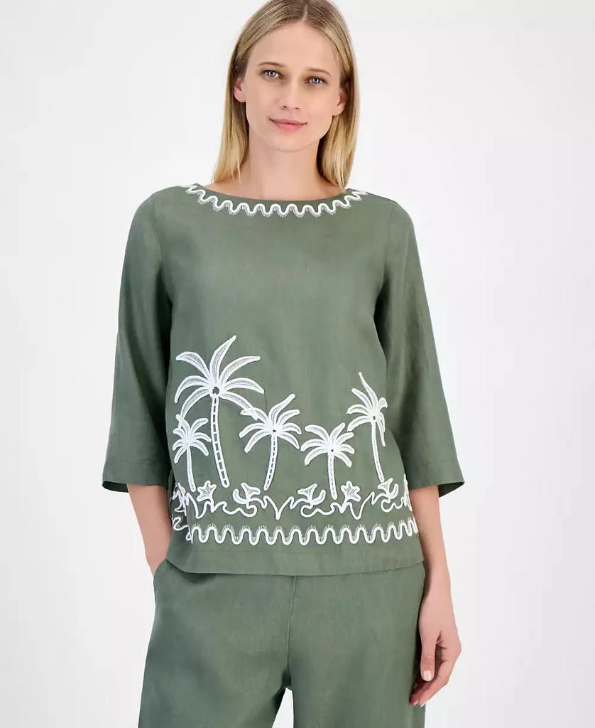 Charter Club Women's Palm-Applique 100% Linen Top, Exclusively at Macy's 1