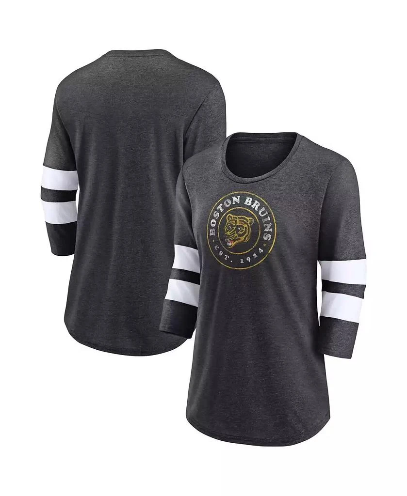 Fanatics Women's Heather Charcoal Boston Bruins One Timer Tri-Blend Scoop Neck 3/4-Sleeve T-Shirt 1