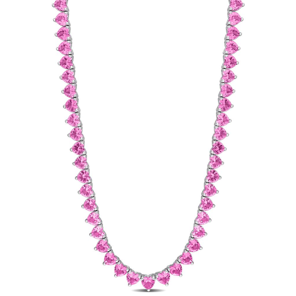 Mimi & Max 31-1/5ct TGW Heart-Cut Created Pink Sapphire Tennis Necklace in Sterling Silver - 18 in.