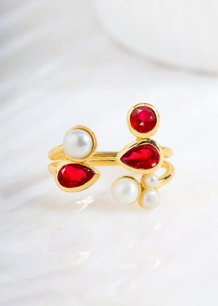 Tiramisu 14K Gold Plated Over 925 Sterling Silver Ruby
Pearl Asymmetric Ring 4