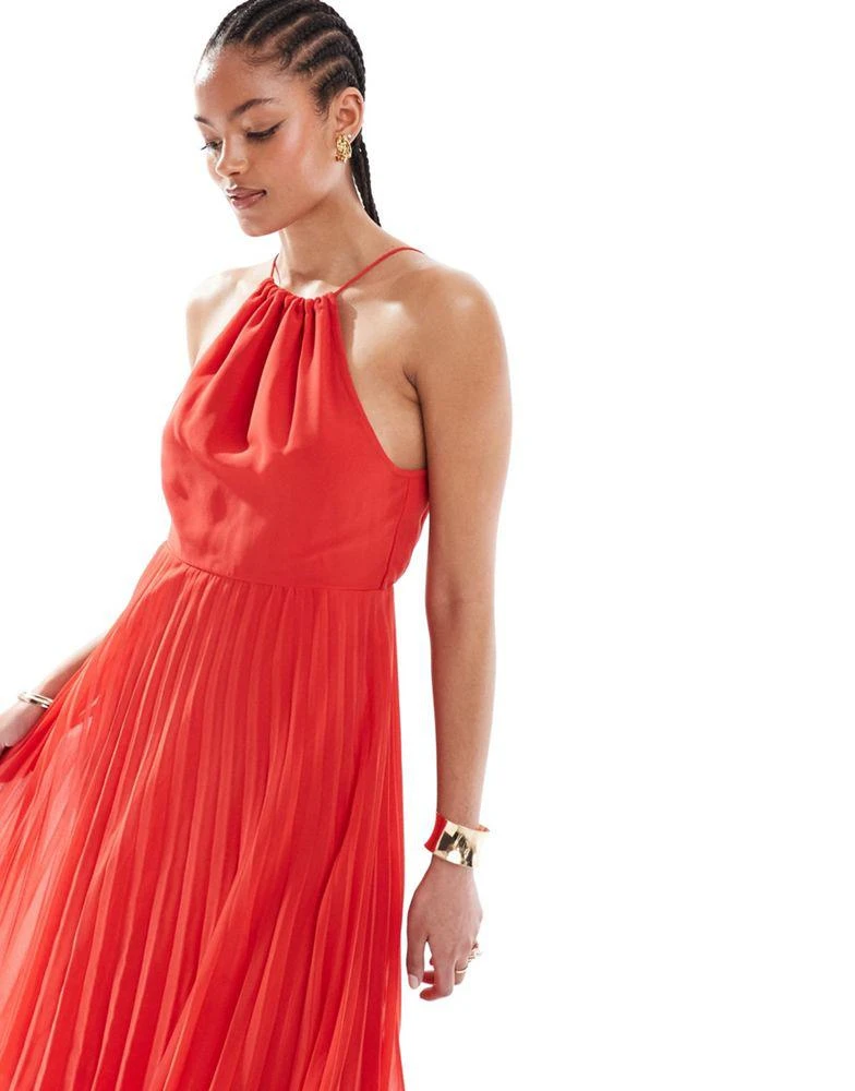 ASOS ASOS DESIGN Tall pleated chiffon midi dress with halter neck in red 4