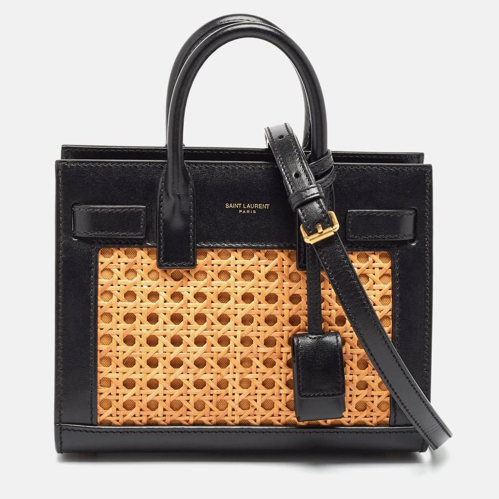 Yves Saint Laurent Saint Laurent Black/Beige Leather and Bamboo Woven Nano Sac De Jour Tote 1