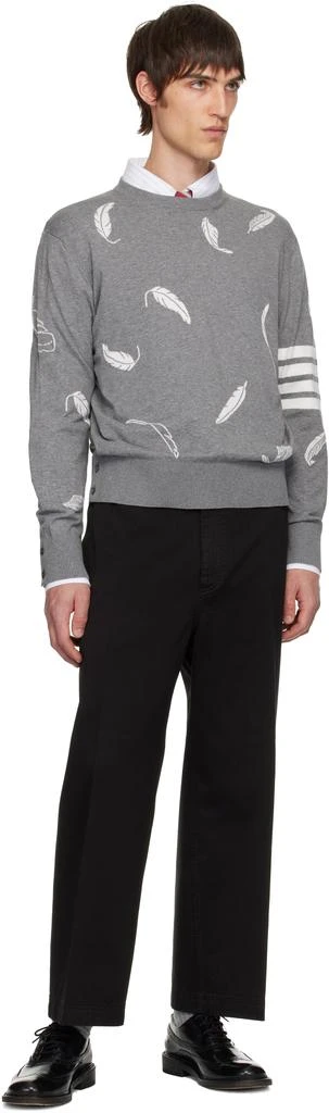 Thom Browne Gray Feather Intarsia Relaxed Fit Crew Neck Sweater 4