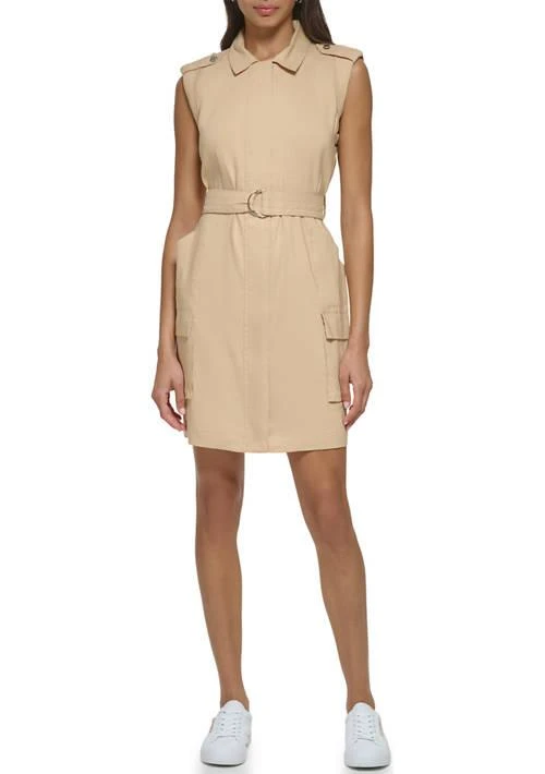 Calvin Klein Klein Womens Sleeveless Belted Linen Shirtdress 1
