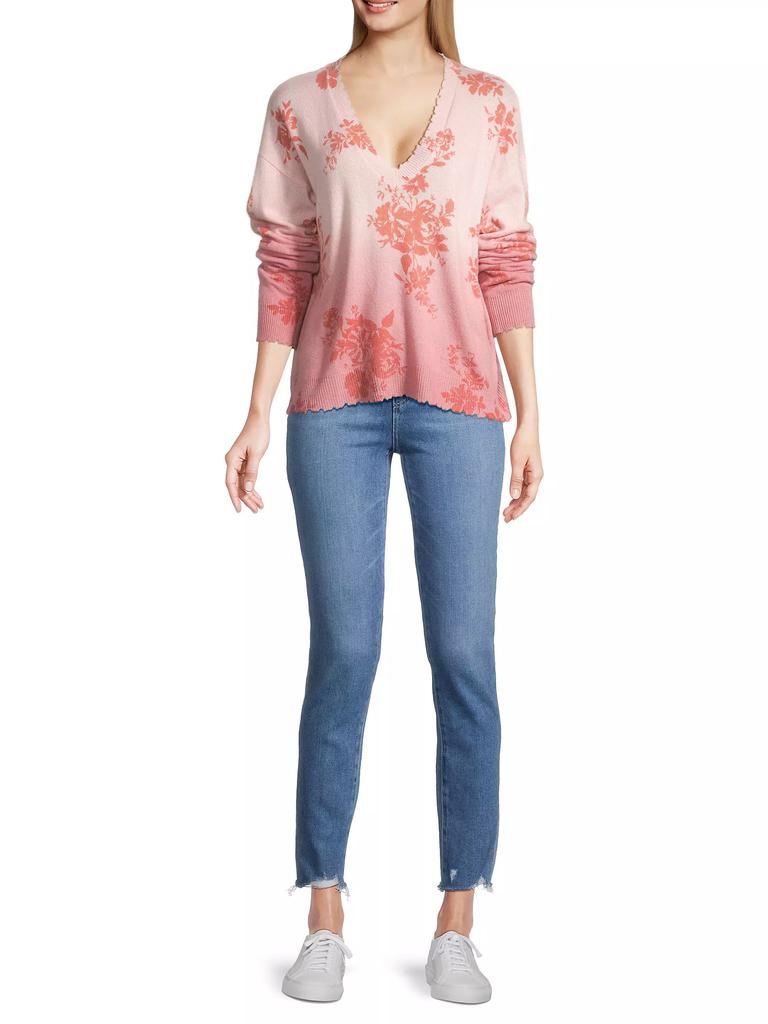 Minnie Rose Cashmere Ombré Floral V-Neck Sweater