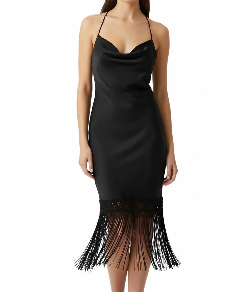 Aakaa Violet Cowl Neck Fringe Hem Detailing Slip Midi Dress In Black