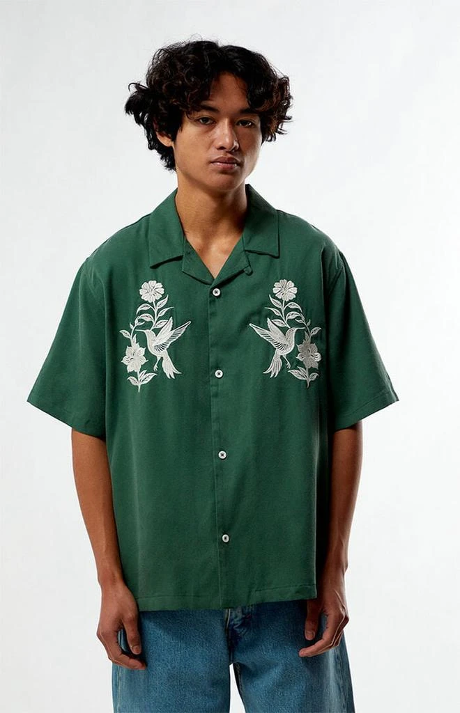 PacSun Green Floral Embroidered Oversized Resort Camp Shirt 1