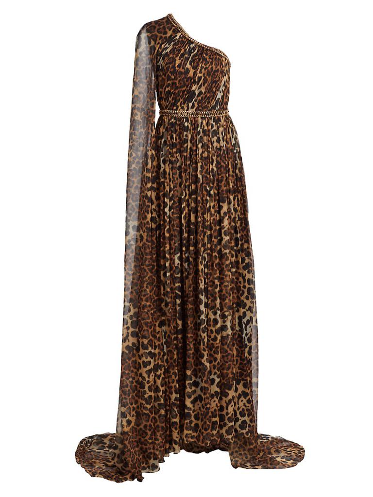 Pamella Roland Leopard-Print Chiffon One-Shoulder Gown