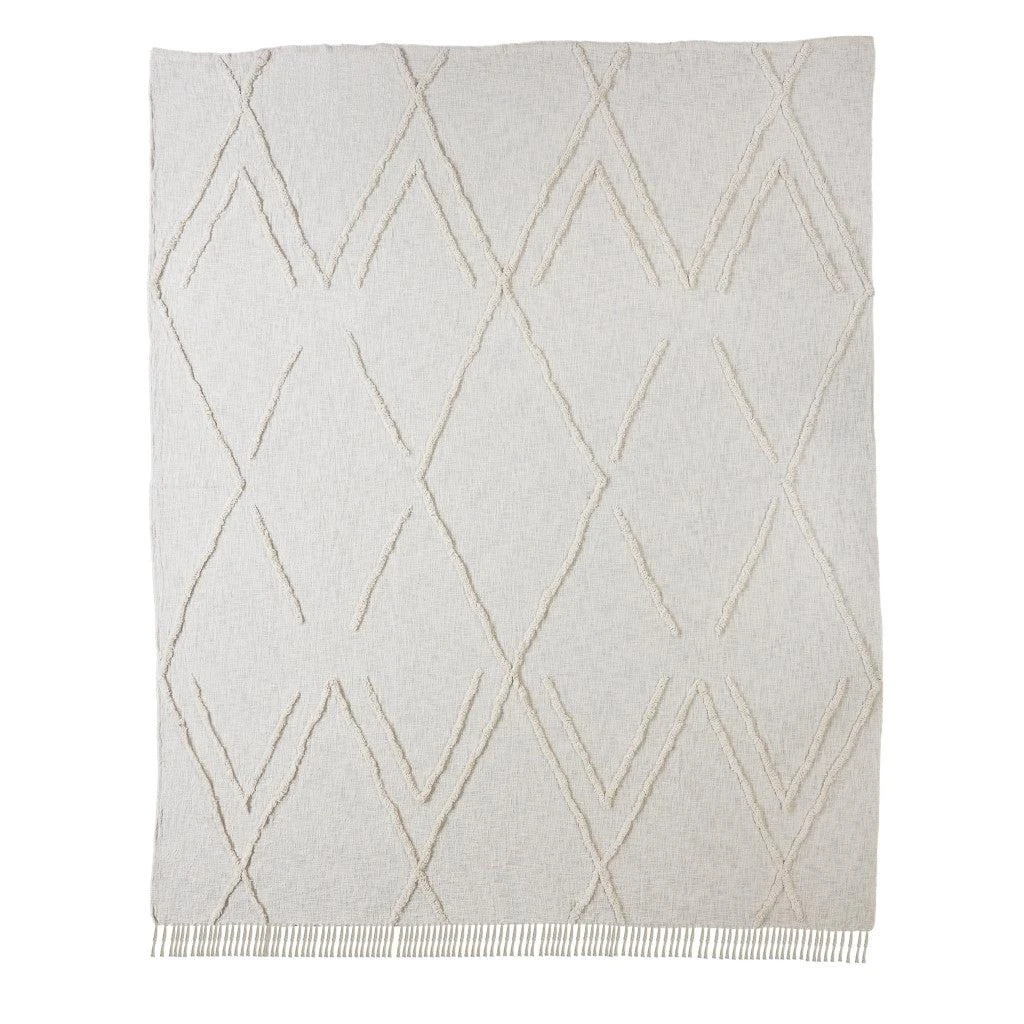 Hivvago Ivory Geometric Twin Cotton Coverlet With Fringe 2