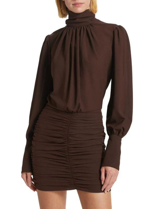ronny kobo brown mini dress Ronny Kobo Long-Sleeve High-Neck Ruched Mini Dress L / Toasted Almond