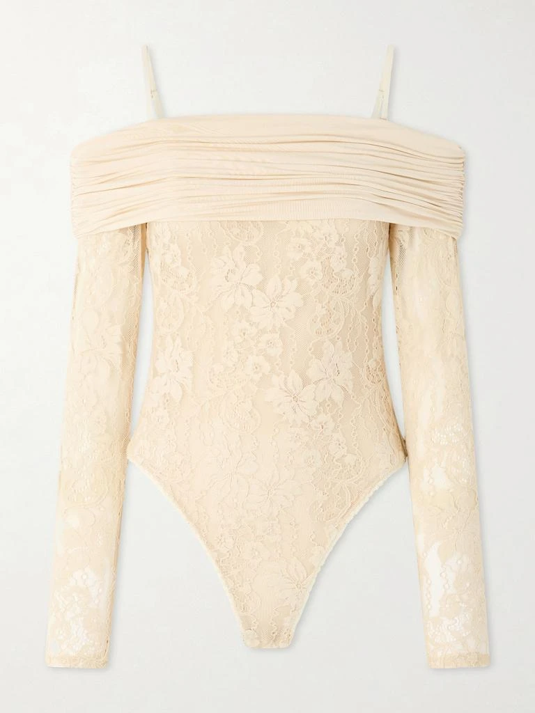 Zimmermann Off-the-shoulder Ruched Jersey And Stretch-lace Bodysuit