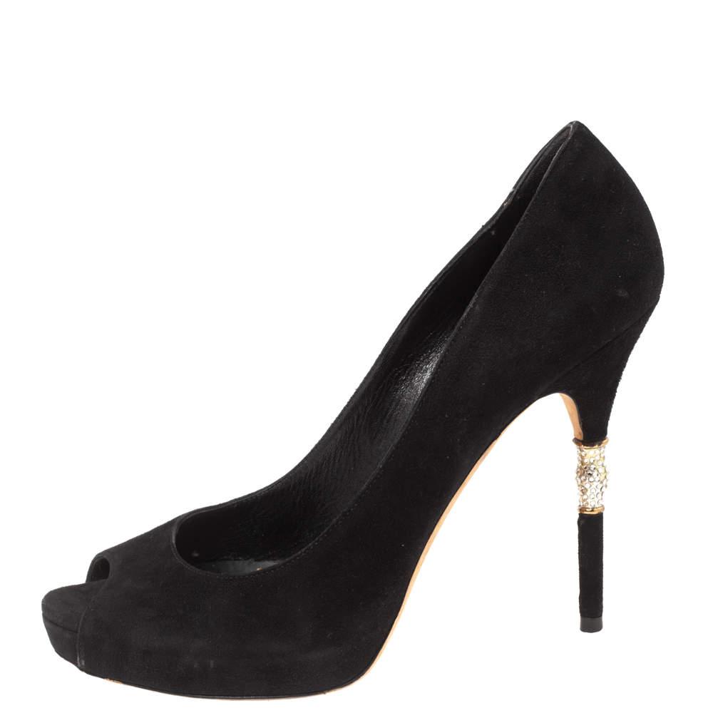 Gucci Gucci Black Suede Crystal Embellished Heel Peep Toe Pumps Size 39