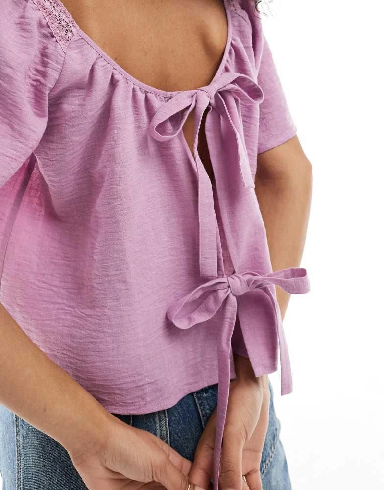 ASOS ASOS DESIGN lace insert square neck top with tie back in lilac 3