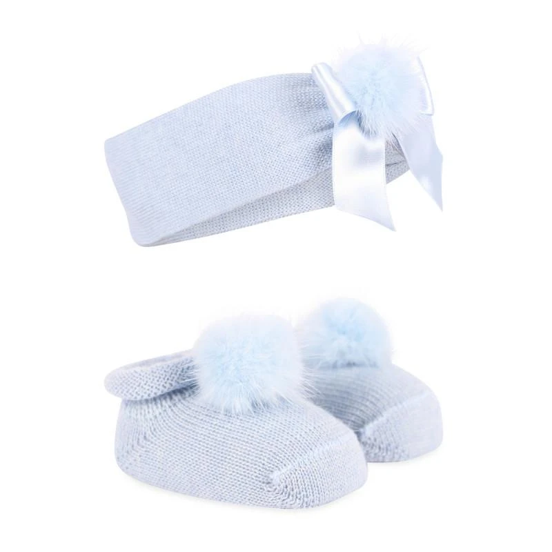 Story Loris Pom pom and bow woolen baby shoes and headband in light blue 1