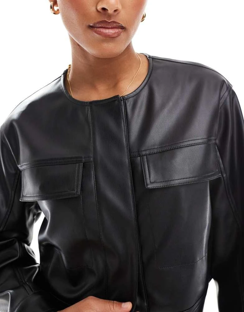ASOS ASOS DESIGN cropped collarless leather look jacket in black 3