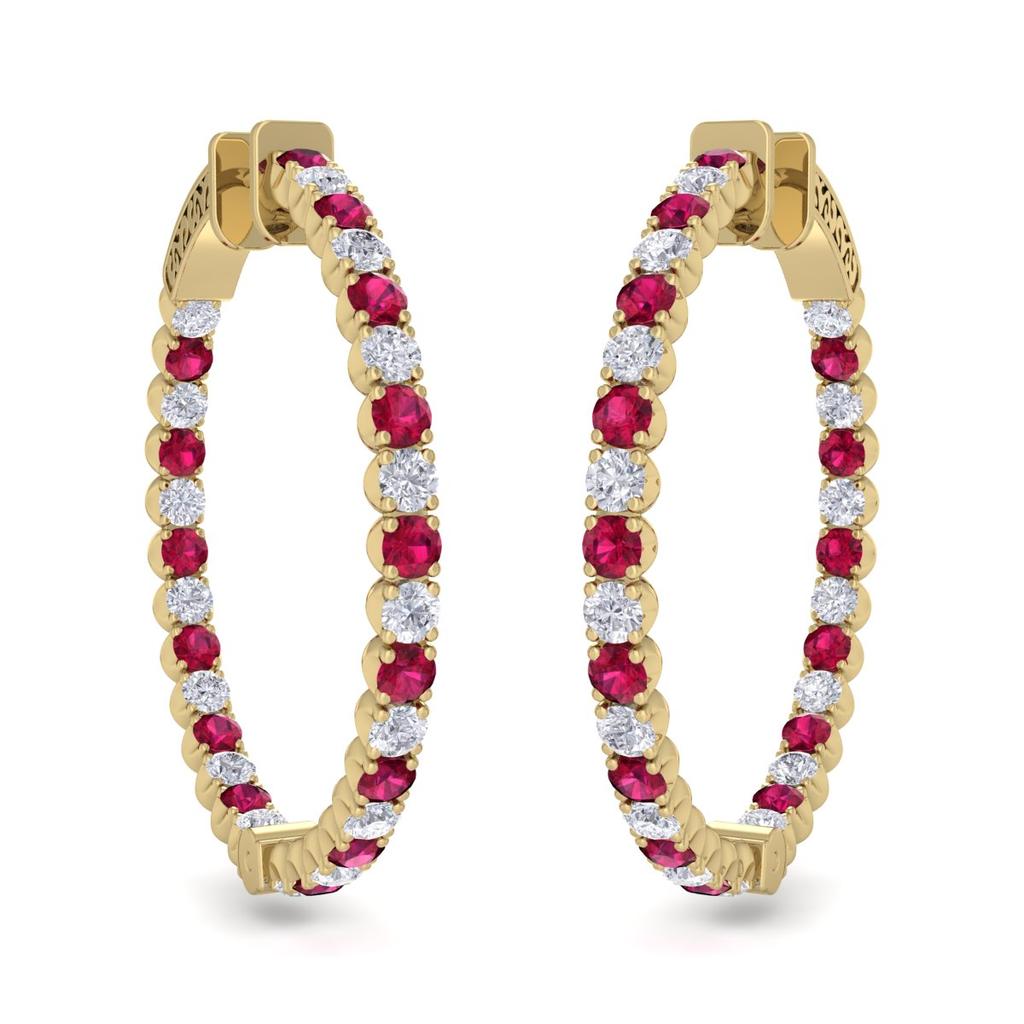 SSELECTS 5 Carat Ruby And Diamond Hoop Earrings In 14 Karat Yellow Gold, 1 1/4 Inch