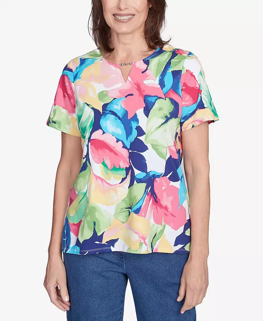 Alfred Dunner Petite  Tropical Leaf Split Beaded Neck Top