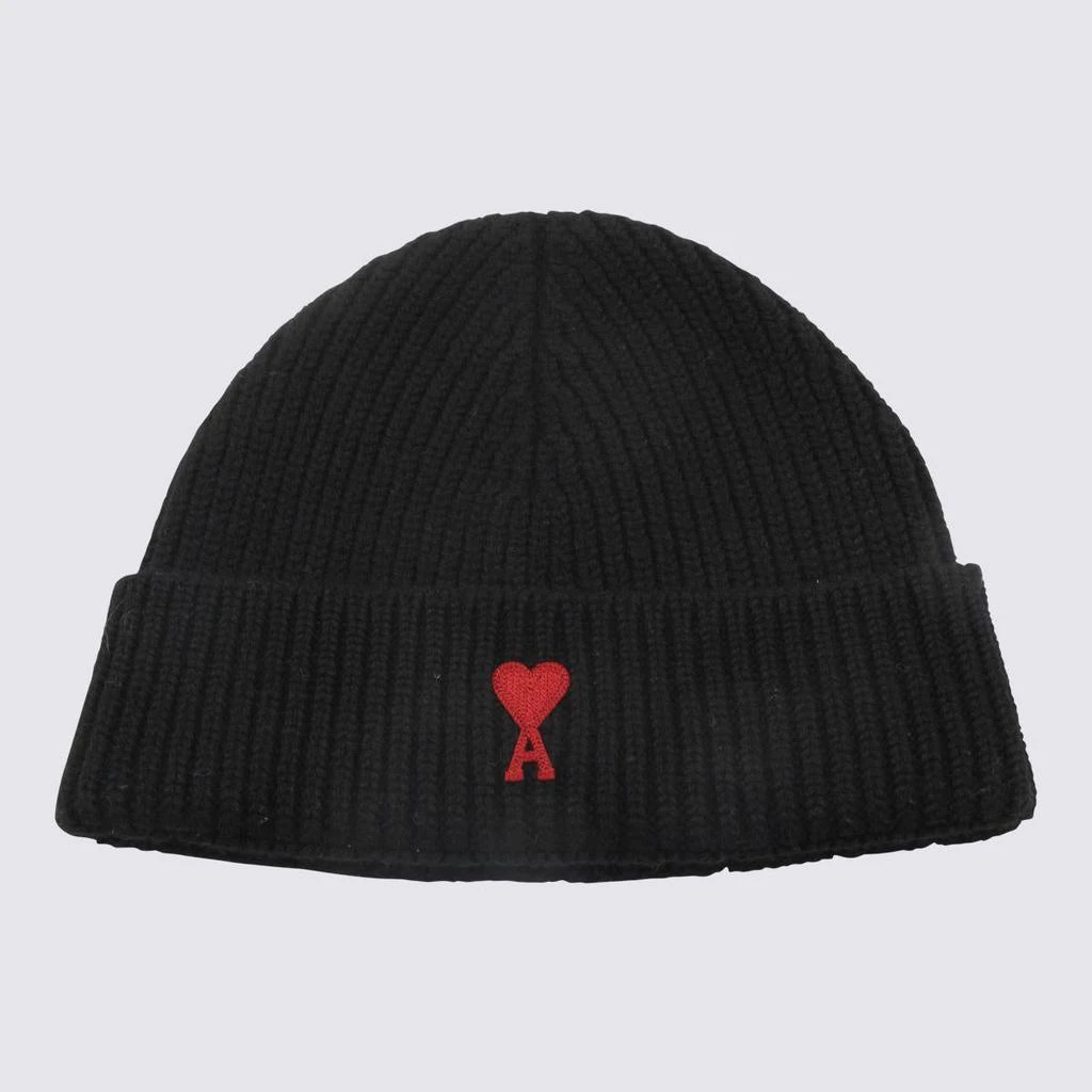 AMI AMI PARIS BLACK AND RED WOOL AMI DE COEUR BEANIE 1