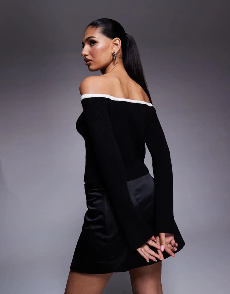 ASOS ASOS DESIGN knitted off shoulder bardot jumper with contrast trim in black 3