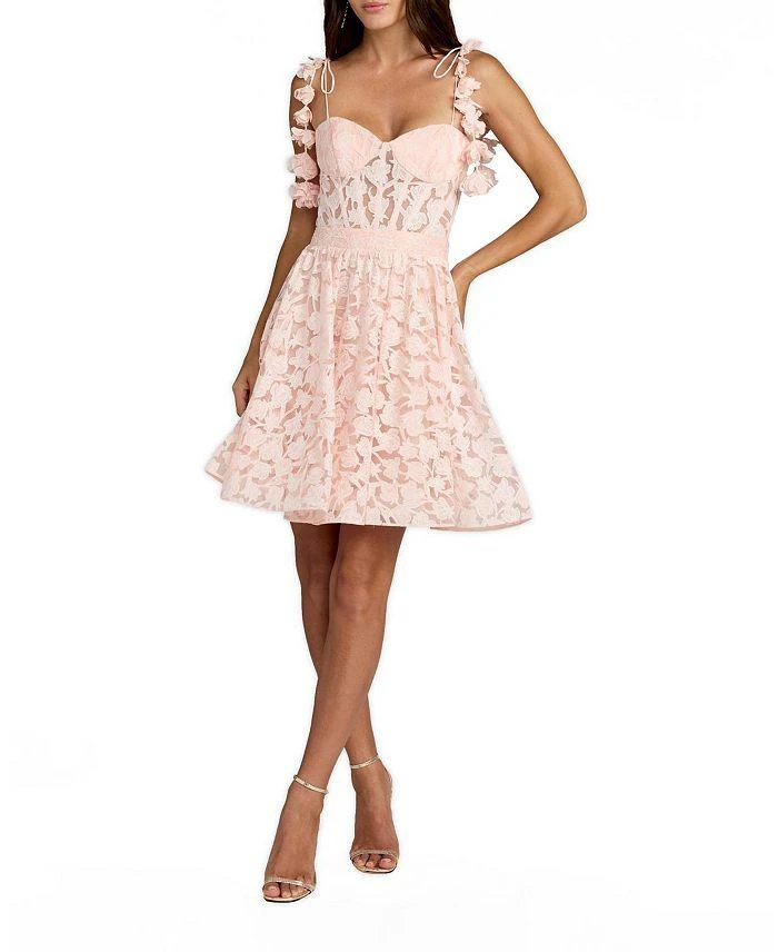 Mac Duggal Floral Net Tie Strap Bustier Ruffle Mini Dress